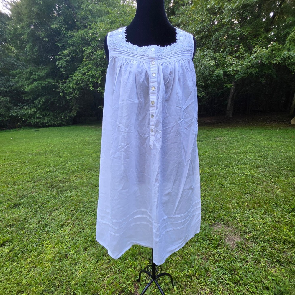 EILEEN WEST Size S White Cotton Nightgown Lace Pintuck Sleeveless Cottagecore